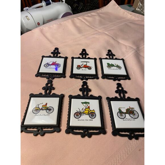 Set of 6 Cast Iron / Tile Mini Trivets with Antique Cars Ardco Japan EUC - Picture 5 of 16